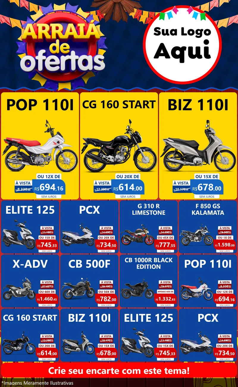 Modelo de Encarte para Encarte Grande com o tema Arraiá de Ofertas para Concessionaria de Motos