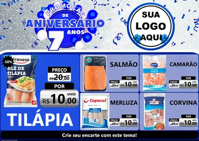 Modelo de Encarte para Encarte A4 Horizontal com o tema Promoção de Aniversário - 7 Anos para Peixaria