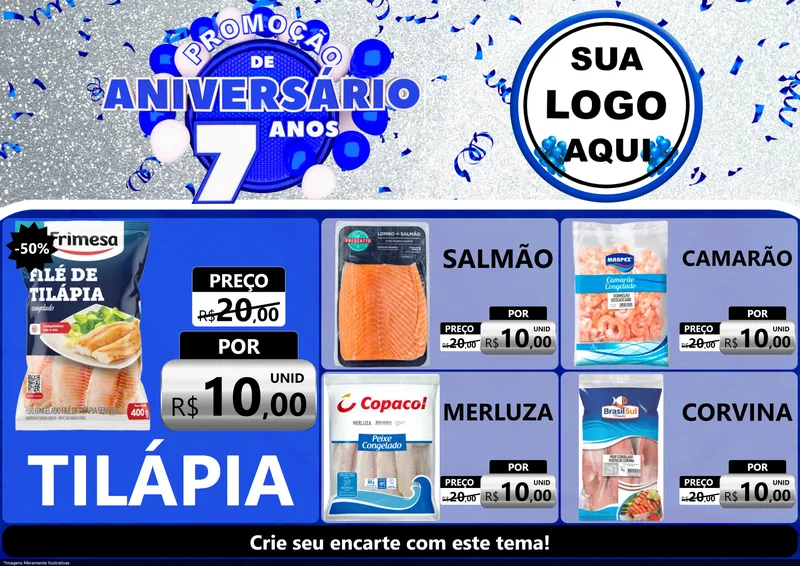 Modelo de Encarte para Encarte A4 Horizontal com o tema Promoção de Aniversário - 7 Anos para Peixaria
