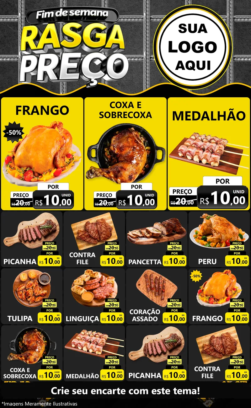 Modelo de Encarte para Encarte Grande com o tema Fim de Semana Rasga Preço para Assados