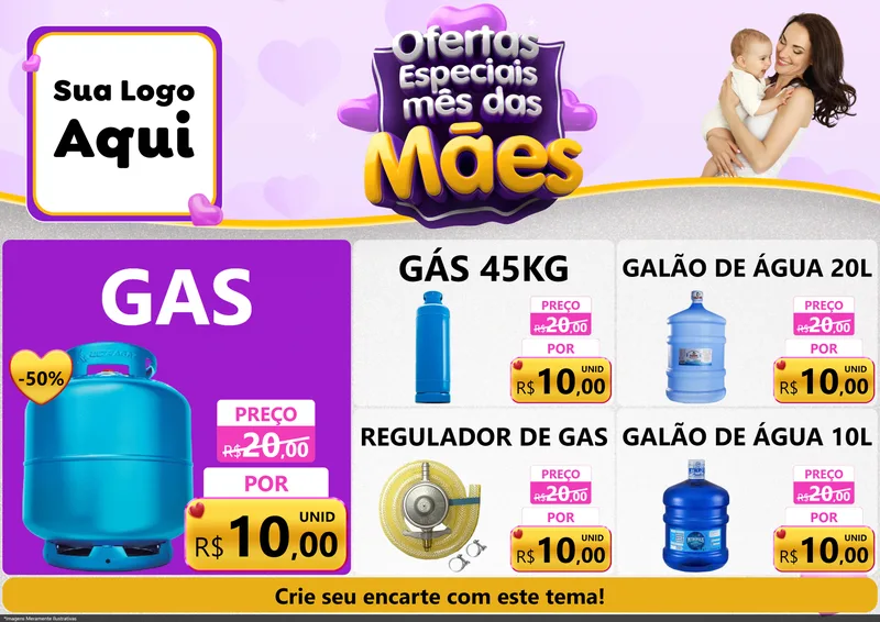 Modelo de Encarte para Encarte A4 Horizontal com o tema Ofertas Especiais - Mês das Mães para Água e gás