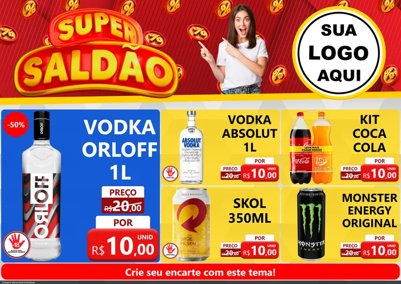 Modelo de Encarte para Encarte A4 Horizontal com o tema Super Saldão para Distribuidora de bebidas