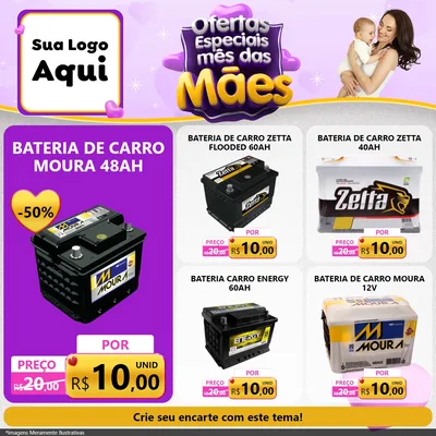Modelo de Rede Social para Feed Facebook com o tema Ofertas Especiais - Mês das Mães para Baterias Elétricas