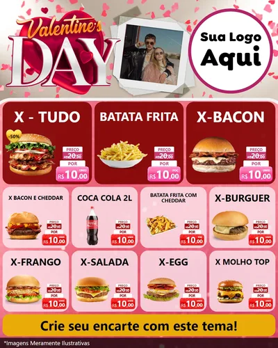 Modelo de Rede Social para Feed Instagram com o tema Valentine's Day para Hamburgueria