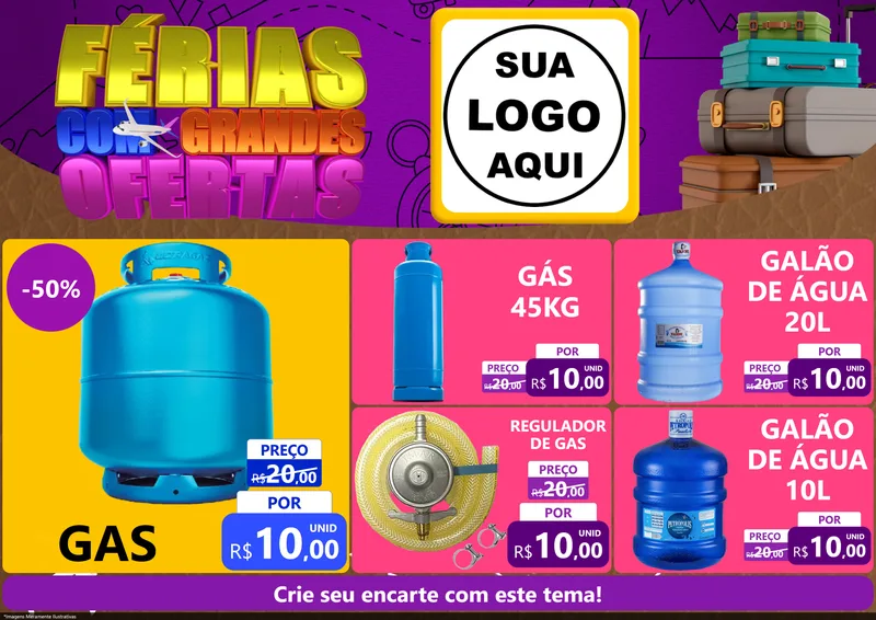 Modelo de Encarte para Encarte A4 Horizontal com o tema Férias com Grandes Ofertas para Água e gás