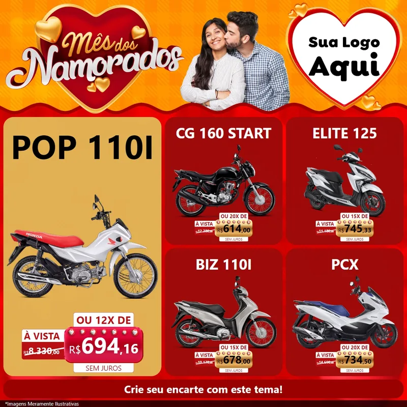 Modelo de Rede Social para Feed Facebook com o tema Mês dos Namorados para Concessionaria de Motos