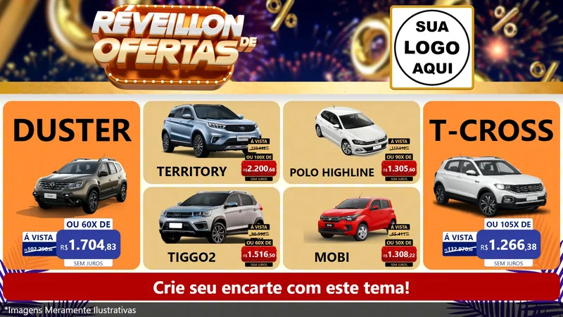 Modelo de TV para TV Horizontal com o tema Réveillon de Ofertas para Concessionaria de Carros