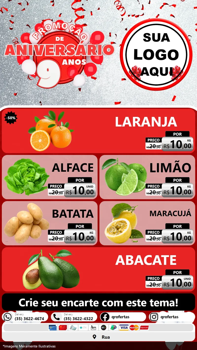 Modelo de TV para TV Vertical com o tema Promoção de Aniversário - 9 Anos para Hortifrúti