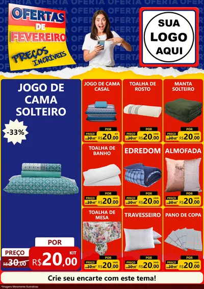 Modelo de Encarte para Encarte A4 Vertical com o tema Ofertas de Fevereiro - Preços Incríveis para Cama, Mesa e Banho