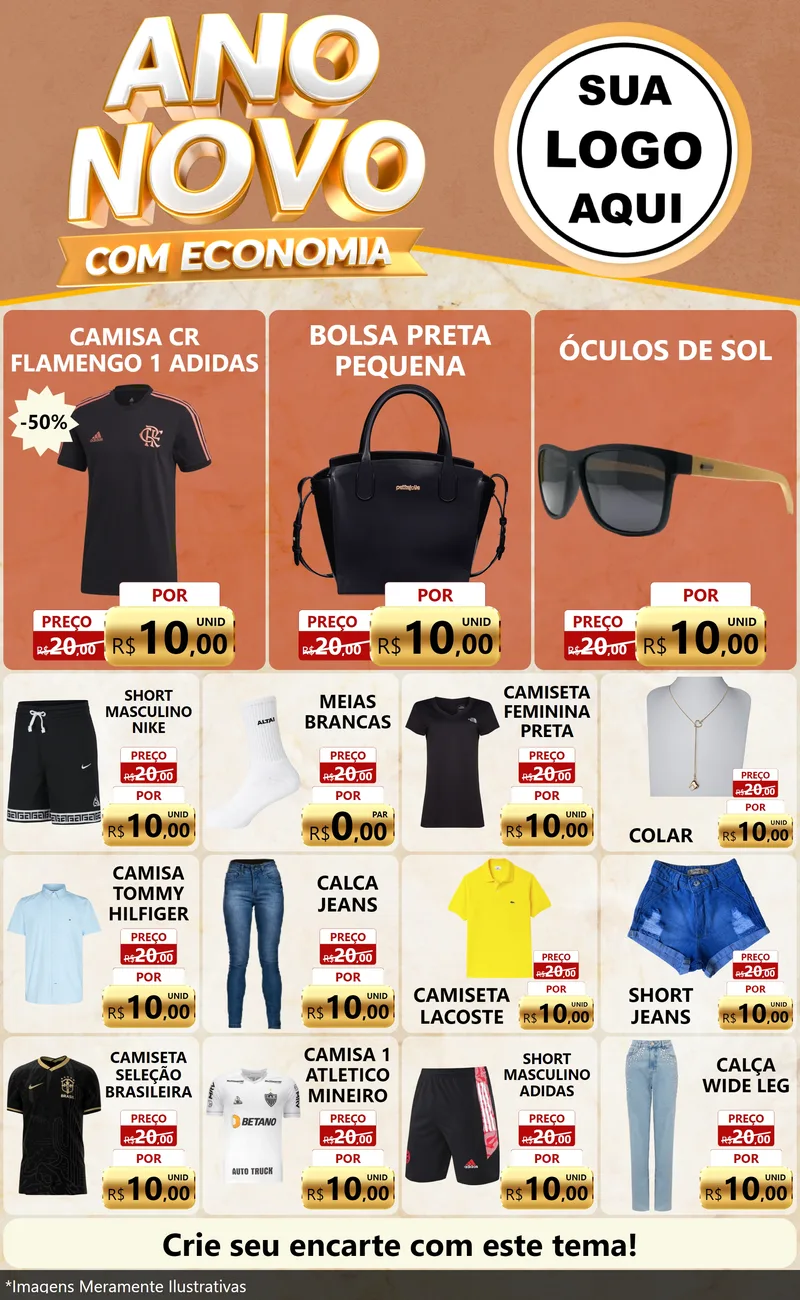 Modelo de Encarte para Encarte Grande com o tema Ano Novo Com Economia para Roupas e acessórios