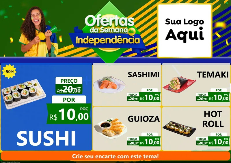 Modelo de Encarte para Encarte A4 Horizontal com o tema Ofertas da Semana da Independência para Comida japonesa