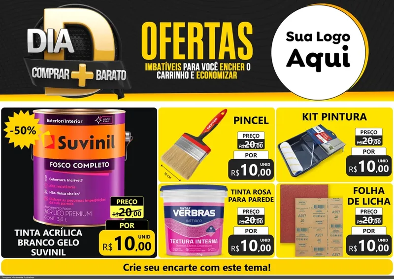 Modelo de Encarte para Encarte A4 Horizontal com o tema Dia D Mais Economia para Tintas e Ferramentas
