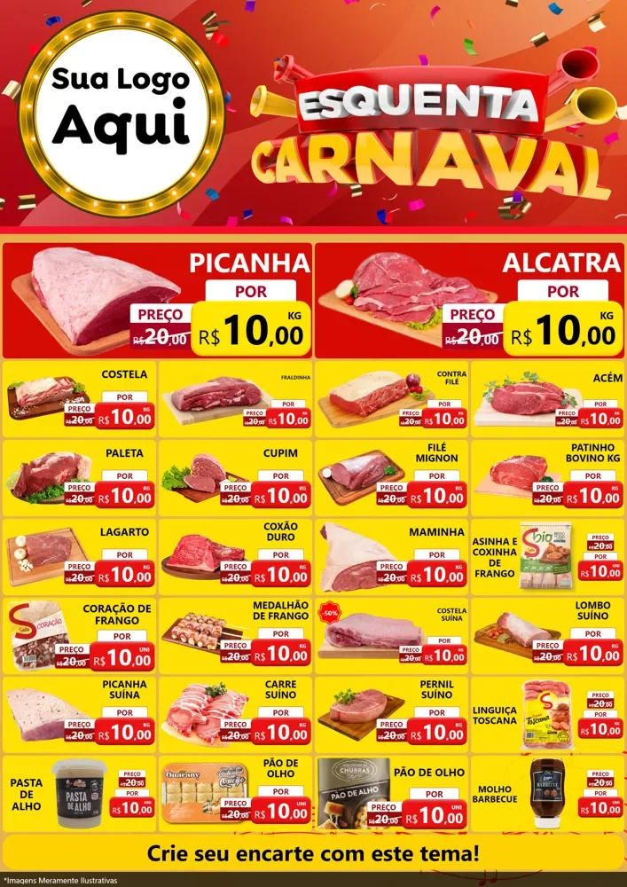 Modelo de Encarte para Encarte A4 Vertical com o tema Esquenta Carnaval para Açougue