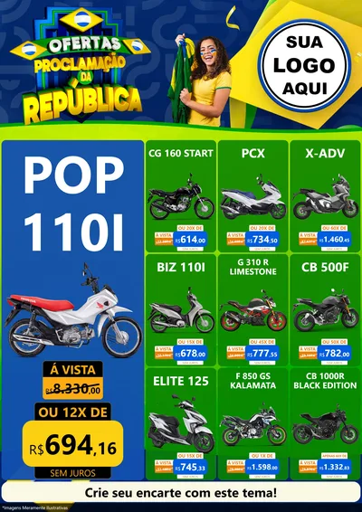 Modelo de Encarte para Encarte A4 Vertical com o tema Ofertas Proclamação da República para Concessionaria de Motos