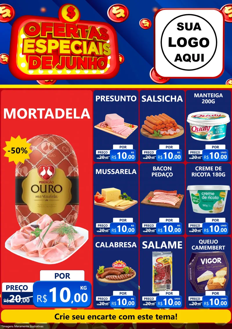 Modelo de Encarte para Encarte A4 Vertical com o tema Ofertas Especiais de Junho para Frios e Laticínios