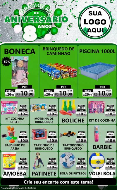 Modelo de Encarte para Encarte Grande com o tema Promoção de Aniversário - 8 Anos para Brinquedos