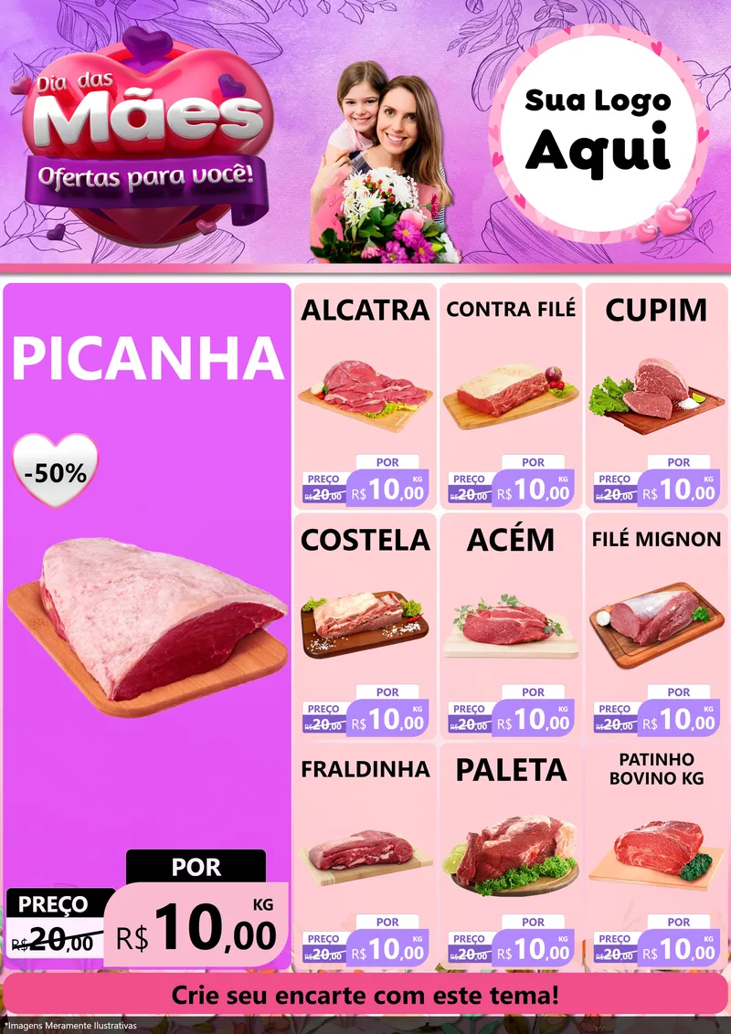 Modelo de Encarte para Encarte A4 Vertical com o tema Dia das Mães Ofertas para Você! para Açougue