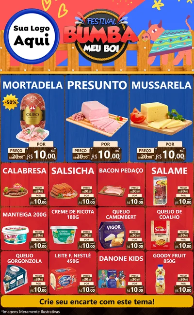 Modelo de Encarte para Encarte Grande com o tema Festival Bumba Meu Boi para Frios e Laticínios