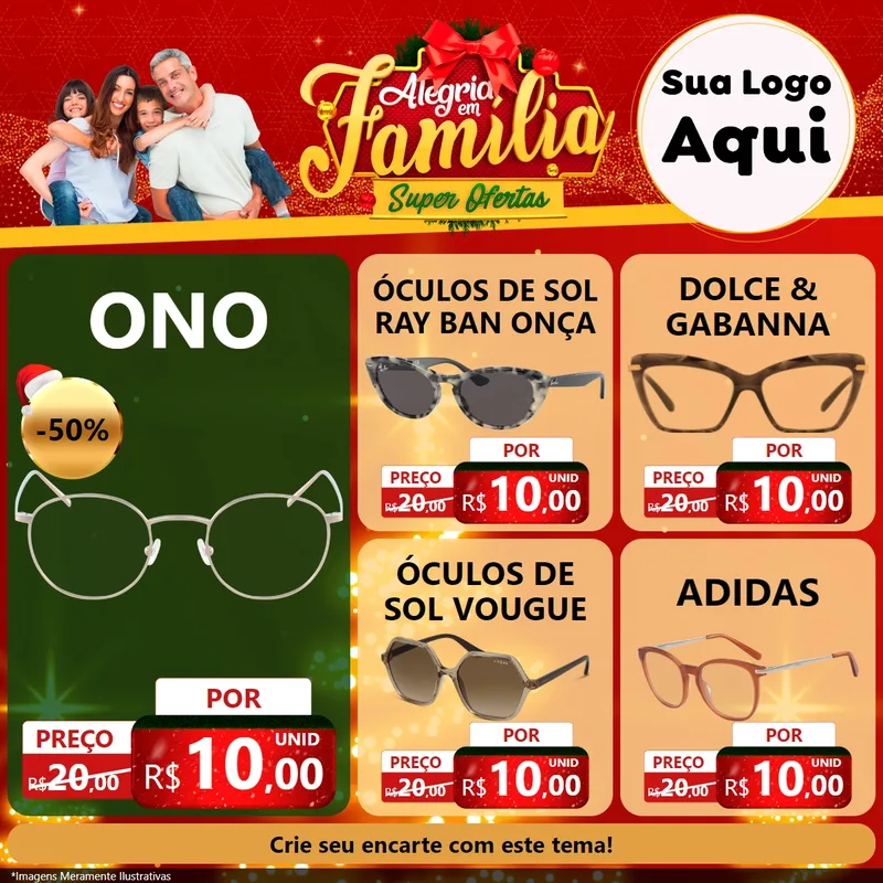 Modelo de Rede Social para Feed Facebook com o tema Alegria em Família Super Ofertas - Natal para Óticas