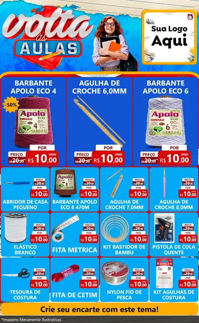 Modelo de Encarte para Encarte Grande com o tema Volta às Aulas para Armarinho e Aviamentos
