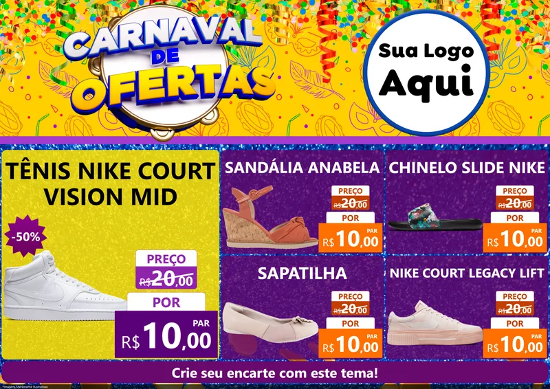 Modelo de Encarte para Encarte A4 Horizontal com o tema Carnaval de Ofertas para Calçados
