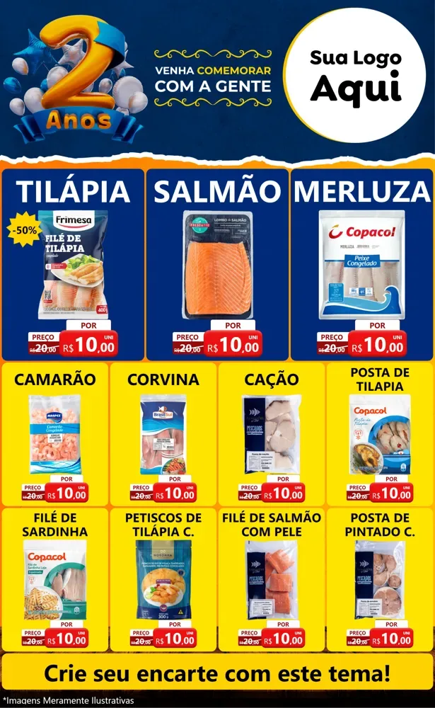 Modelo de Encarte para Encarte Grande com o tema Aniversário de 2 anos para Peixaria