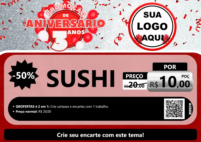 Modelo de Cartaz para Cartaz A4 Horizontal com o tema Promoção de Aniversário - 3 Anos para Comida japonesa