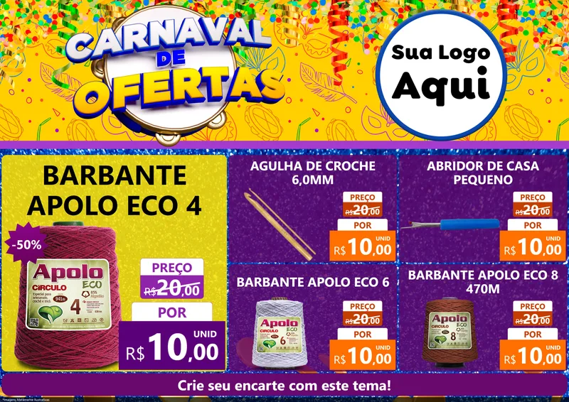Modelo de Encarte para Encarte A4 Horizontal com o tema Carnaval de Ofertas para Armarinho e Aviamentos