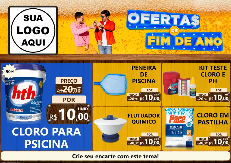 Modelo de Encarte para Encarte A4 Horizontal com o tema Ofertas de Fim de Ano para Produtos para Piscina