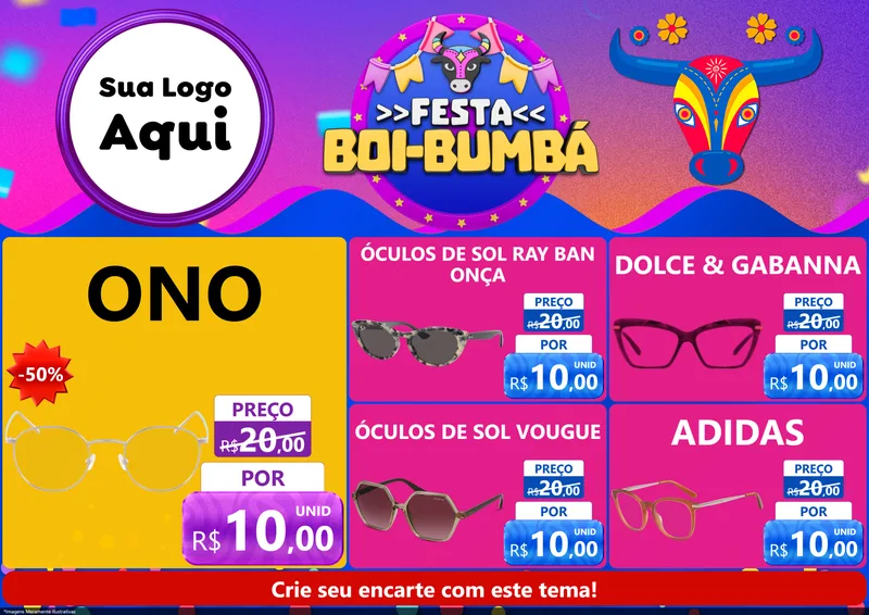 Modelo de Encarte para Encarte A4 Horizontal com o tema Festa Boi-Bumbá para Óticas