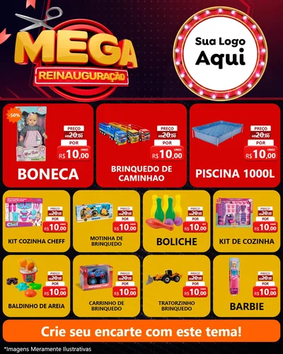 Modelo de Rede Social para Feed Instagram com o tema Mega Reinauguração para Brinquedos