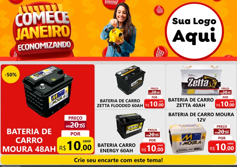 Modelo de Encarte para Encarte A4 Horizontal com o tema Comece Janeiro Economizando para Baterias Elétricas