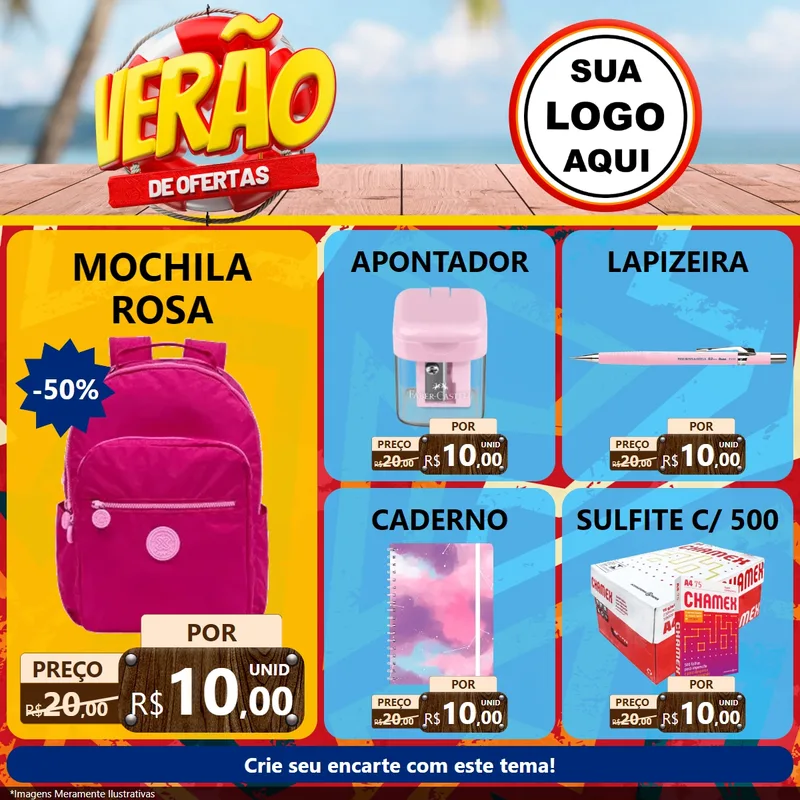 Modelo de Rede Social para Feed Facebook com o tema Verão de Ofertas para Papelaria