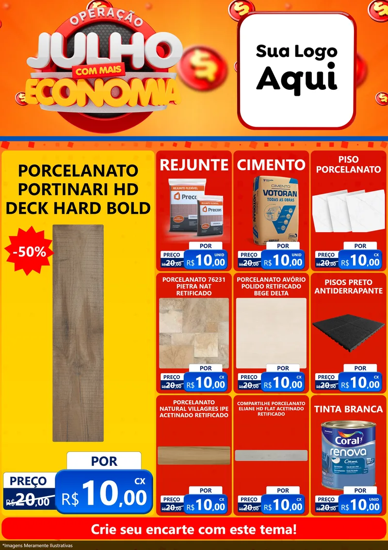 Modelo de Encarte para Encarte A4 Vertical com o tema Operação Julho Com Mais Economia para Pisos e revestimentos