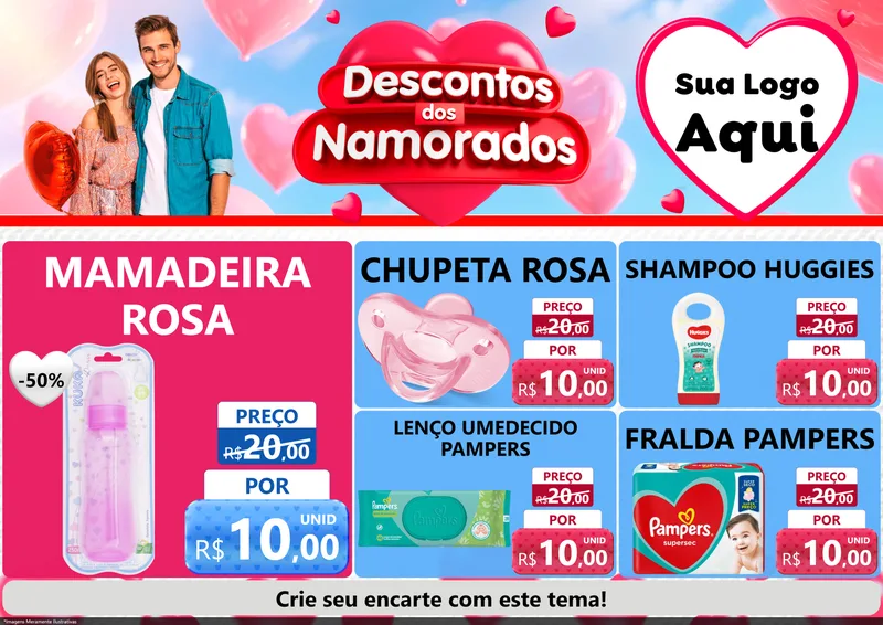 Modelo de Encarte para Encarte A4 Horizontal com o tema Descontos dos Namorados para Bebês
