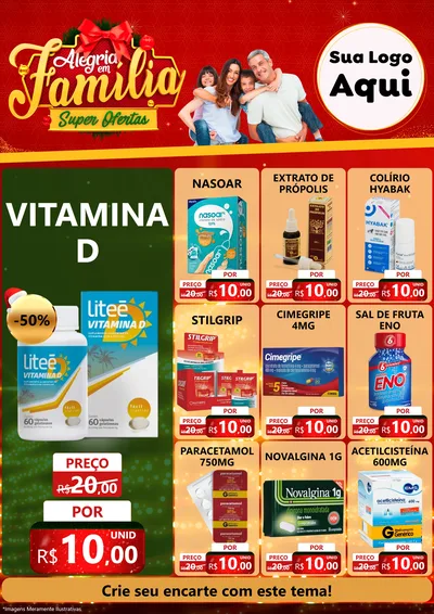 Modelo de Encarte para Encarte A4 Vertical com o tema Alegria em Família Super Ofertas - Natal para Farmácia