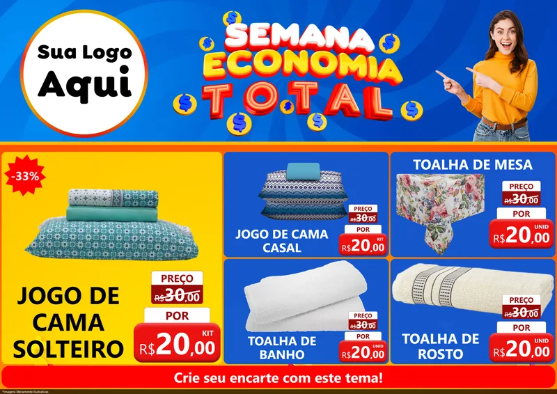 Modelo de Encarte para Encarte A4 Horizontal com o tema Semana Economia Total para Cama, Mesa e Banho