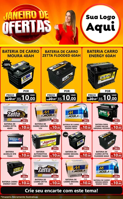 Modelo de Encarte para Encarte Grande com o tema Janeiro de Ofertas para Baterias Elétricas