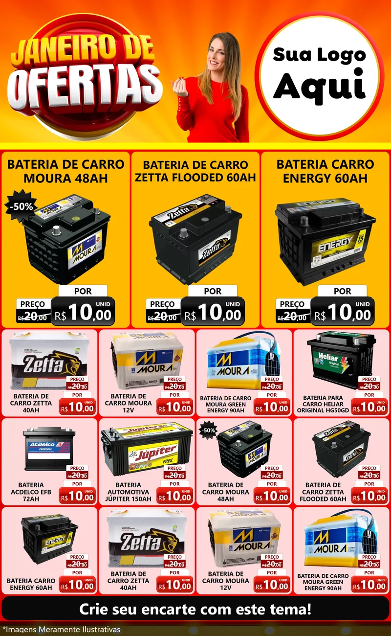 Modelo de Encarte para Encarte Grande com o tema Janeiro de Ofertas para Baterias Elétricas