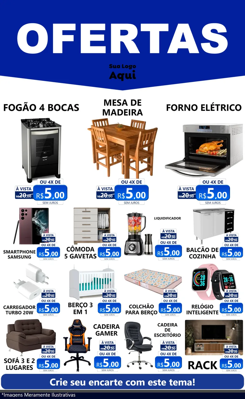 Modelo de Encarte para Encarte Grande com o tema Ofertas Azul Cartaz para Móveis e Eletro