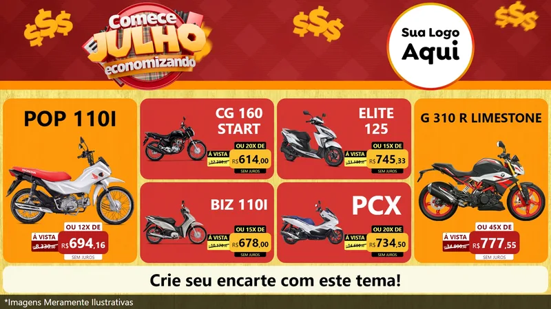 Modelo de TV para TV Horizontal com o tema Comece Julho Economizando para Concessionaria de Motos