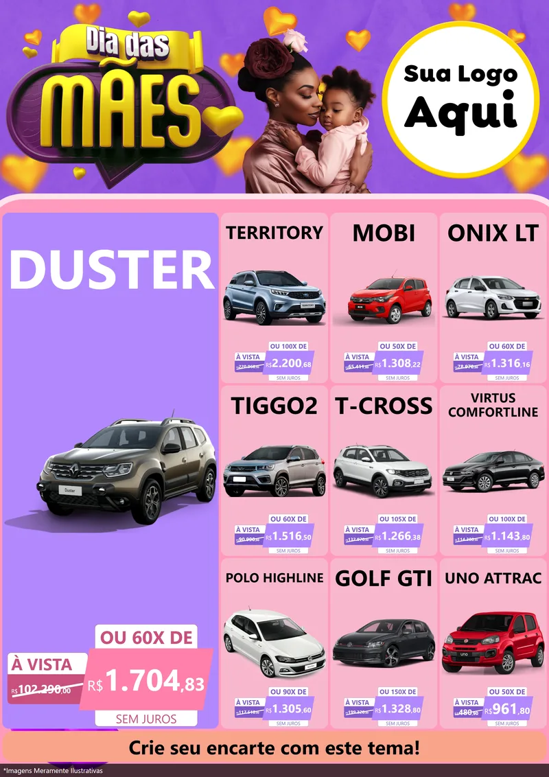 Modelo de Encarte para Encarte A4 Vertical com o tema Dia das Mães para Concessionaria de Carros