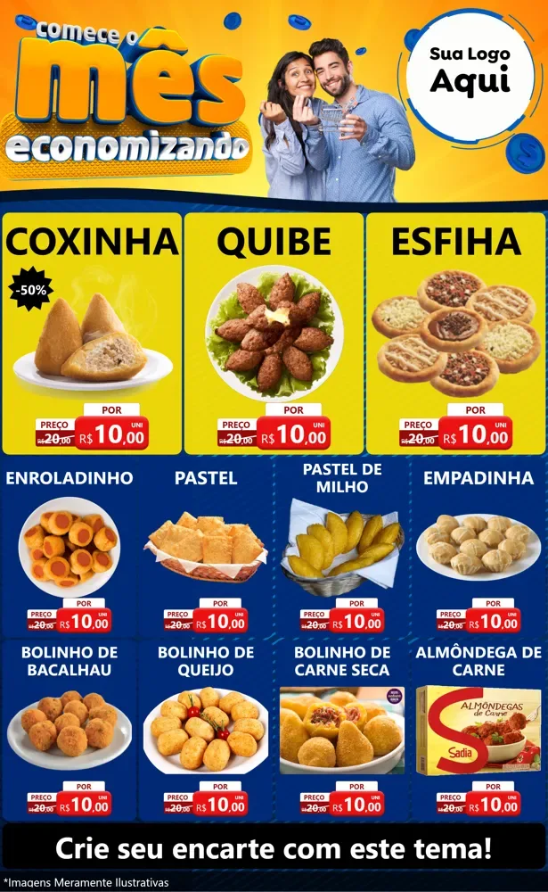 Modelo de Encarte para Encarte Grande com o tema Comece O Mês Economizando para Salgadaria