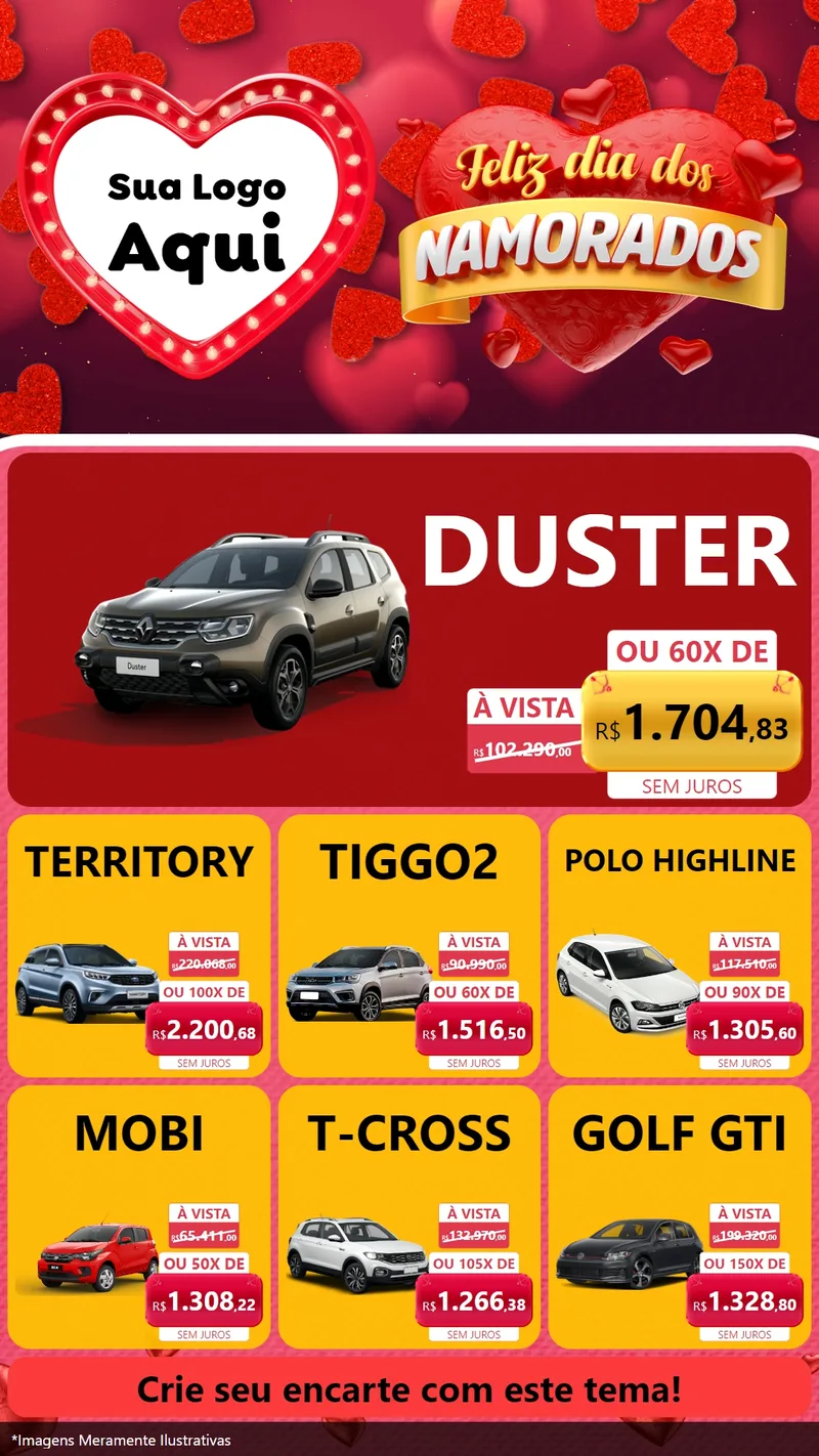 Modelo de Rede Social para Stories com o tema Feliz Dia Dos Namorados para Concessionaria de Carros