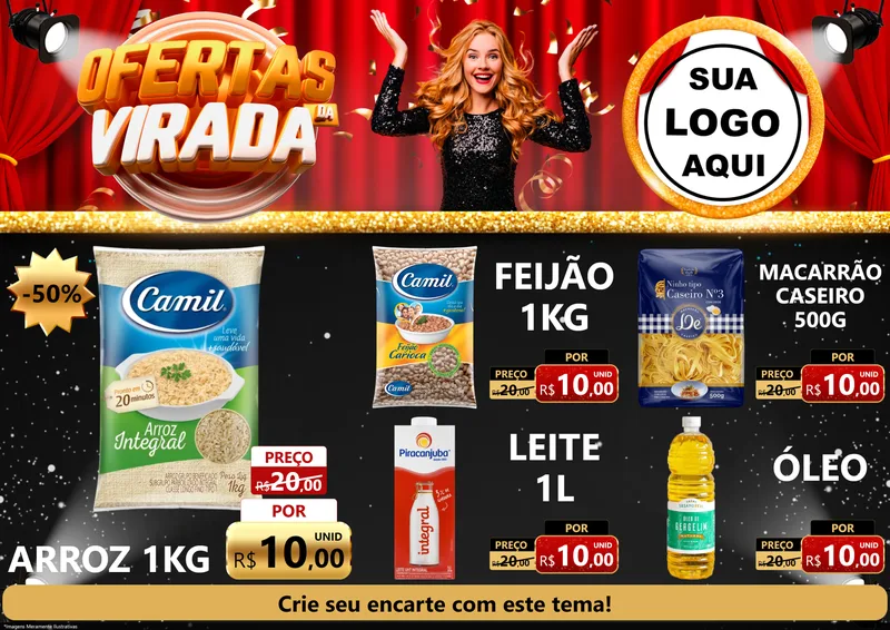 Modelo de Encarte para Encarte A4 Horizontal com o tema Ofertas da Virada para Supermercado