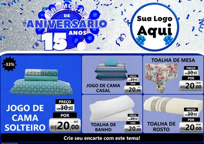 Modelo de Encarte para Encarte A4 Horizontal com o tema Promoção de Aniversário - 15 Anos para Cama, Mesa e Banho
