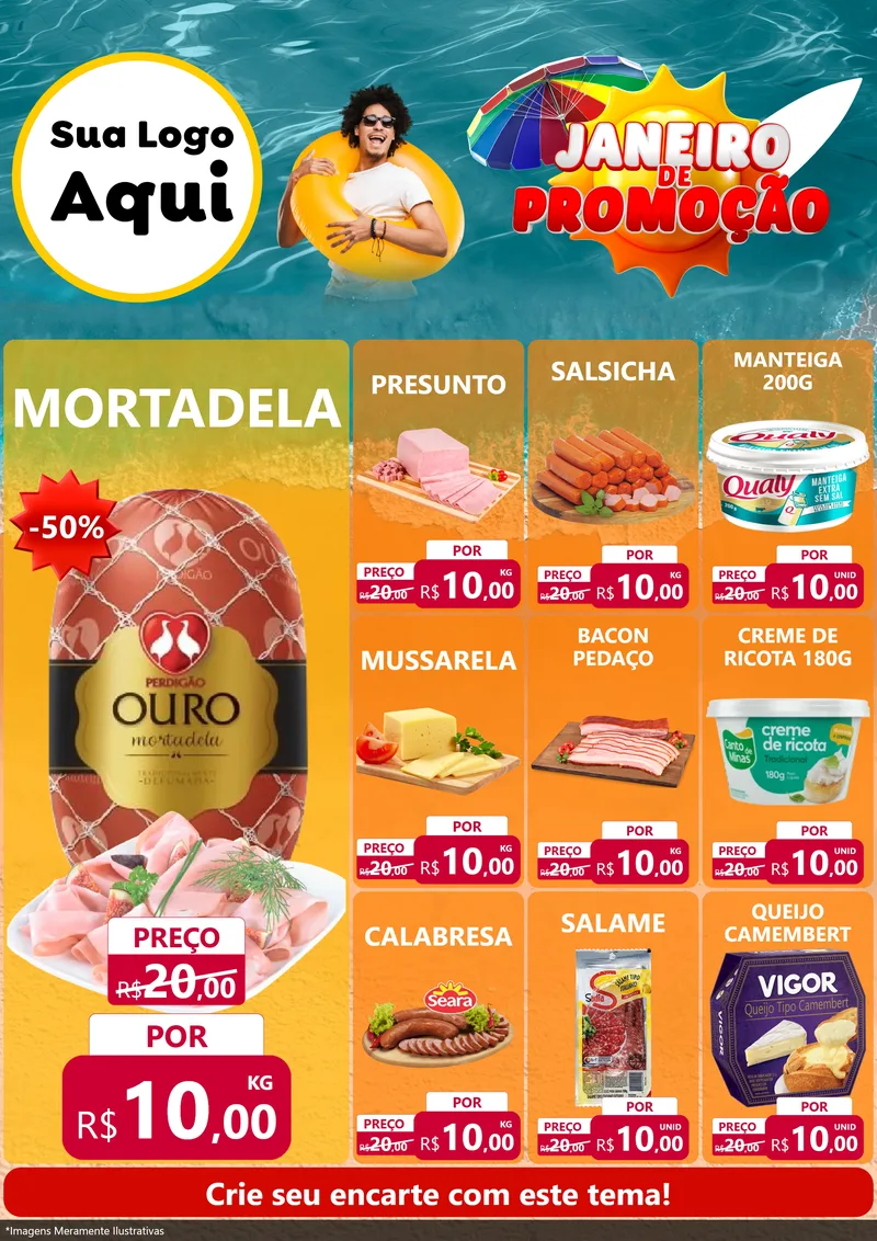Modelo de Encarte para Encarte A4 Vertical com o tema Janeiro de Promoção para Frios e Laticínios