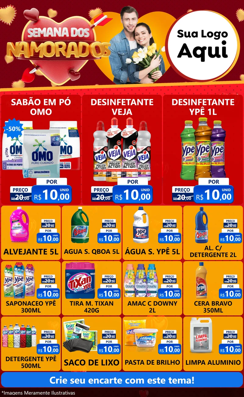 Modelo de Encarte para Encarte Grande com o tema Semana dos Namorados para Produtos de Limpeza