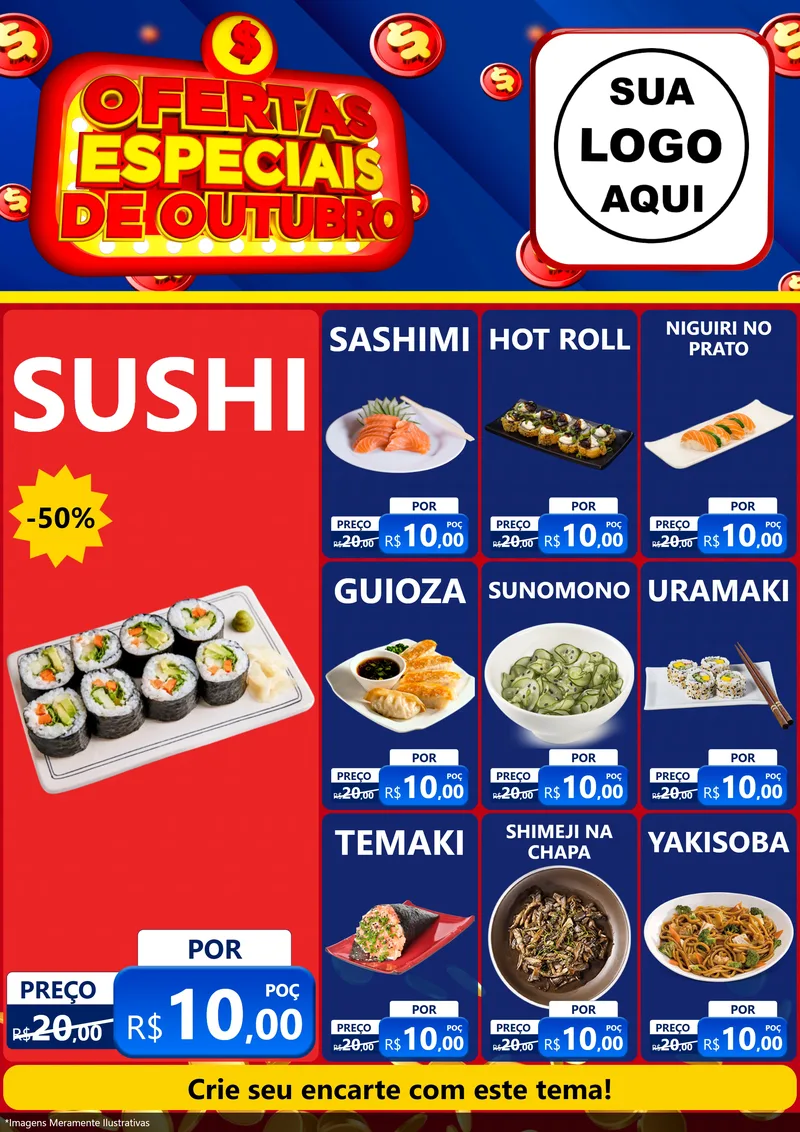 Modelo de Encarte para Encarte A4 Vertical com o tema Ofertas Especiais de Outubro para Comida japonesa