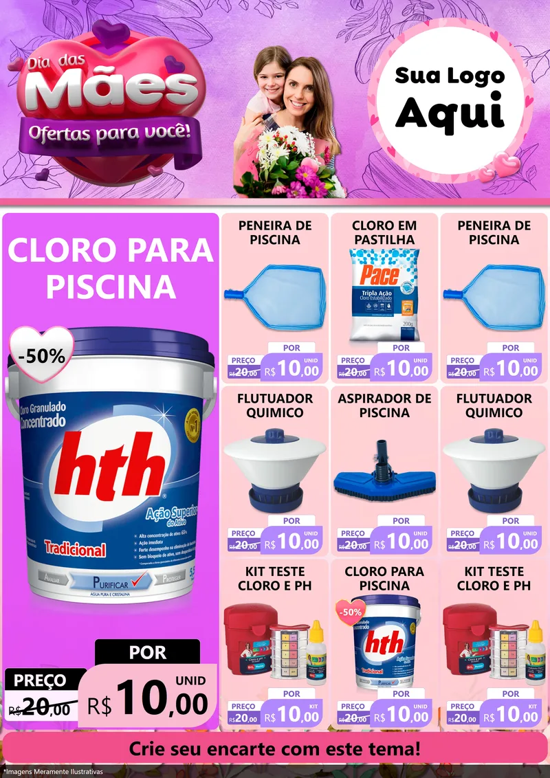 Modelo de Encarte para Encarte A4 Vertical com o tema Dia das Mães Ofertas para Você! para Produtos para Piscina